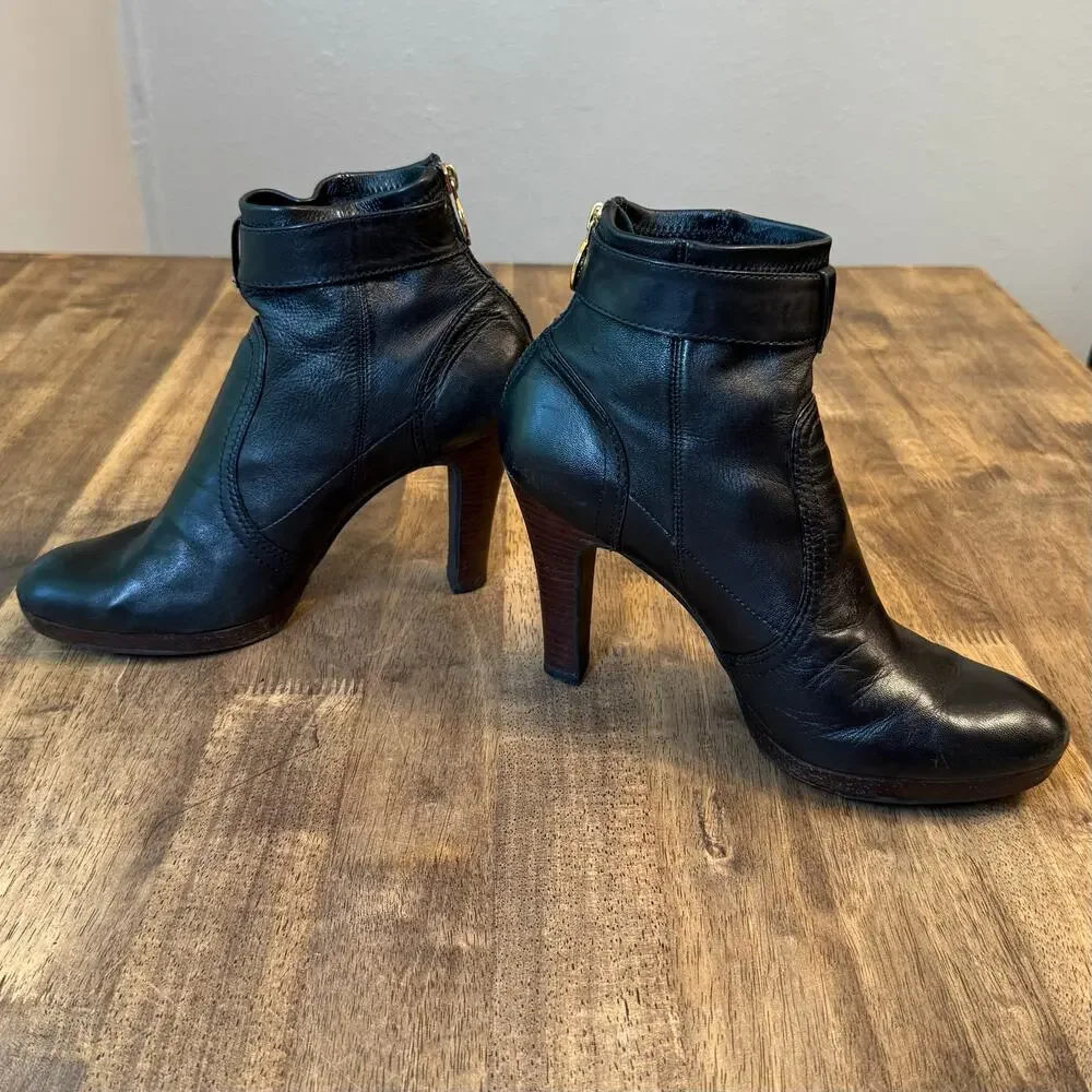 Tory Burch Ankle Boots Melrose Mestico Leather Heel Moto Black Logo Women’s 9.5